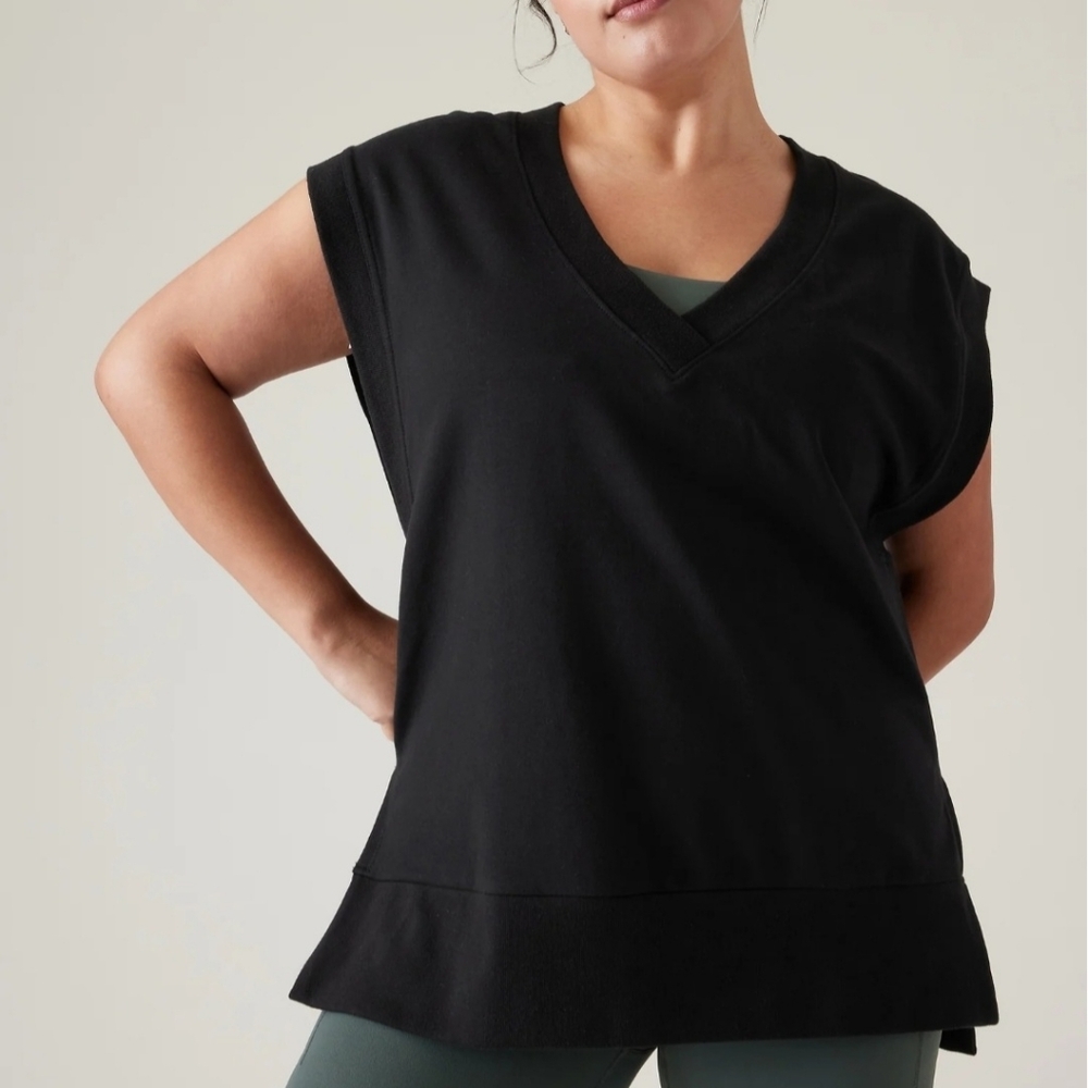Athleta Retroterry V-Neck Cap Sleeve Sweatshirt Black Women 1X